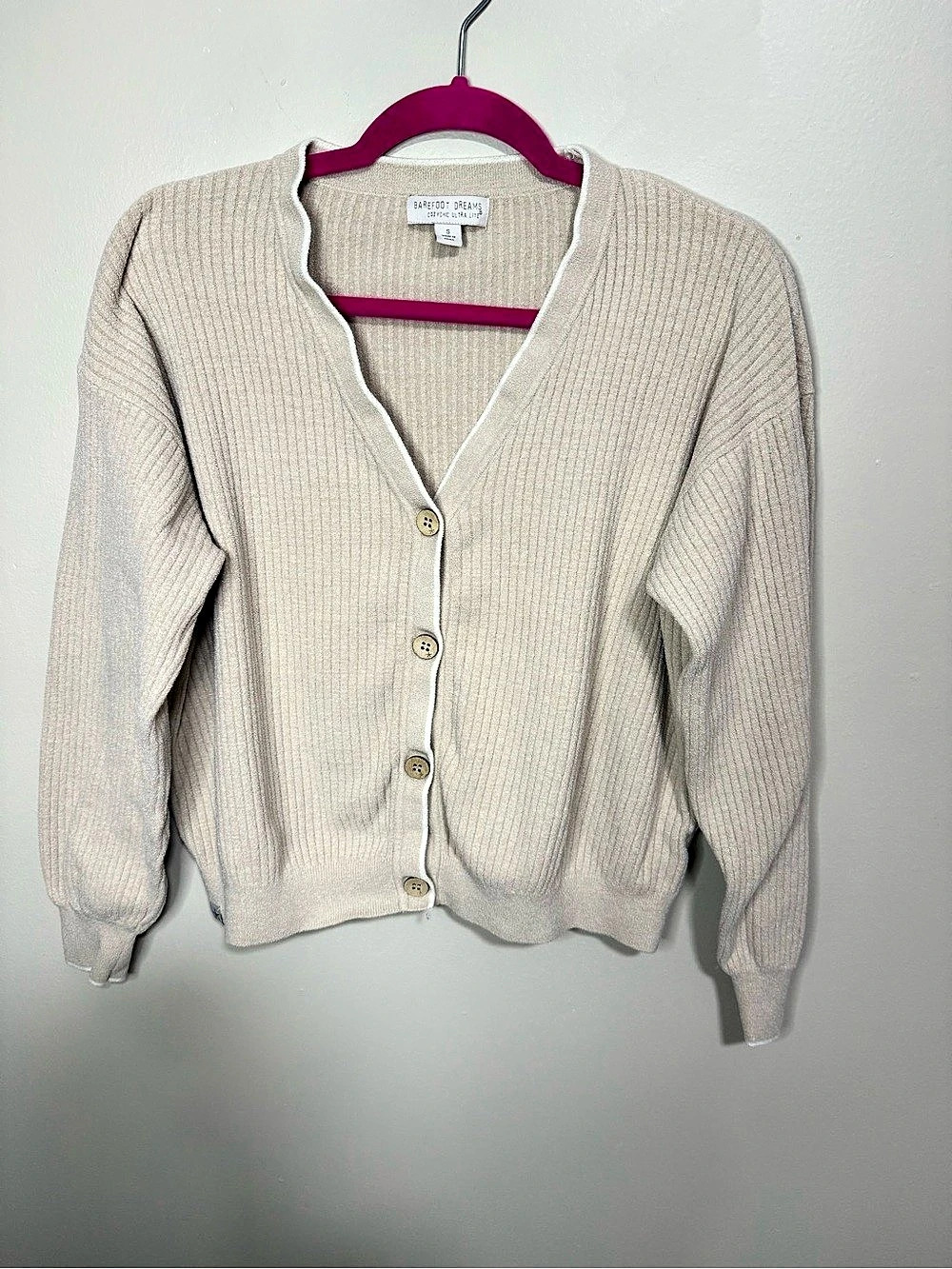 Barefoot Dreams CozyChic Ultra Lite Contrast Ribbed Cardigan Cream Small